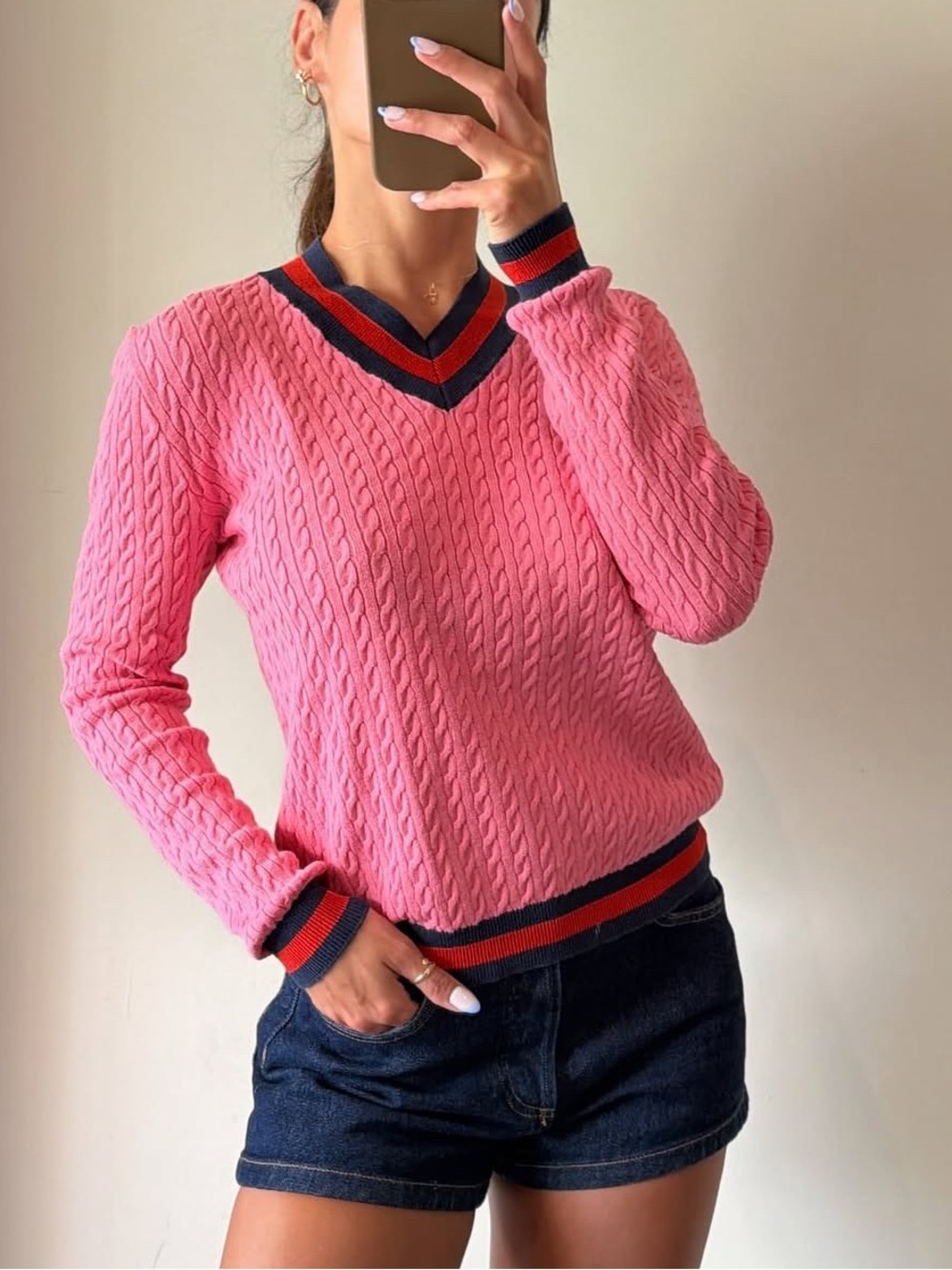 Gucci Pink Cable-Knit V-Neck Sweater with Navy and Red Trim